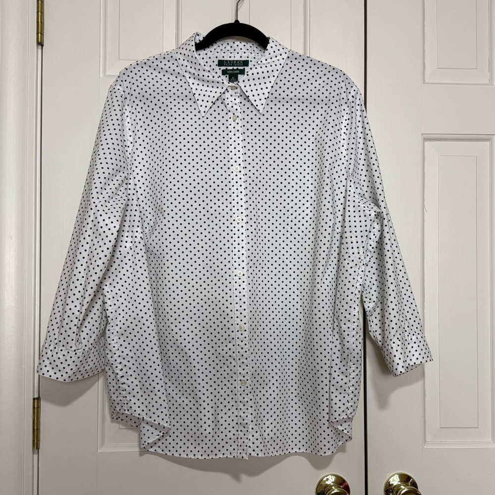 Ralph Lauren White Cotton Blouse with Black Dots 3/4 Sleeves Size 3X